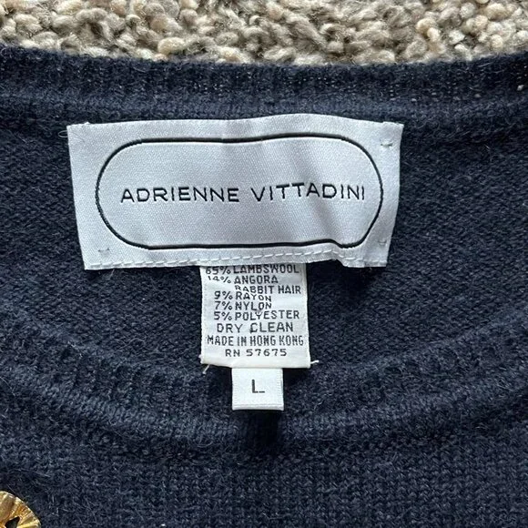 Adrienne Vittadini Angora Wool Sweater Womens Large Black w/Glitter Sun Pendant - Picture 2 of 7